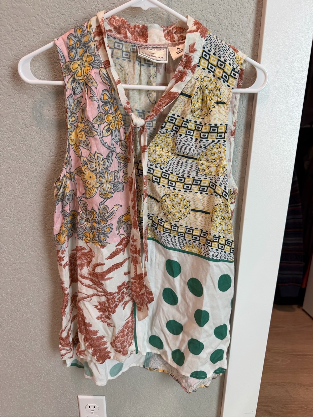 Anthropologie Multi-Pattern Tie-Front Sleeveless Tank - Green, Pink, Yellow